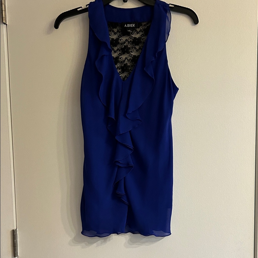 A. Byer Royal Blue Ruffle Front Lace-Trim Sleeveless Camisole